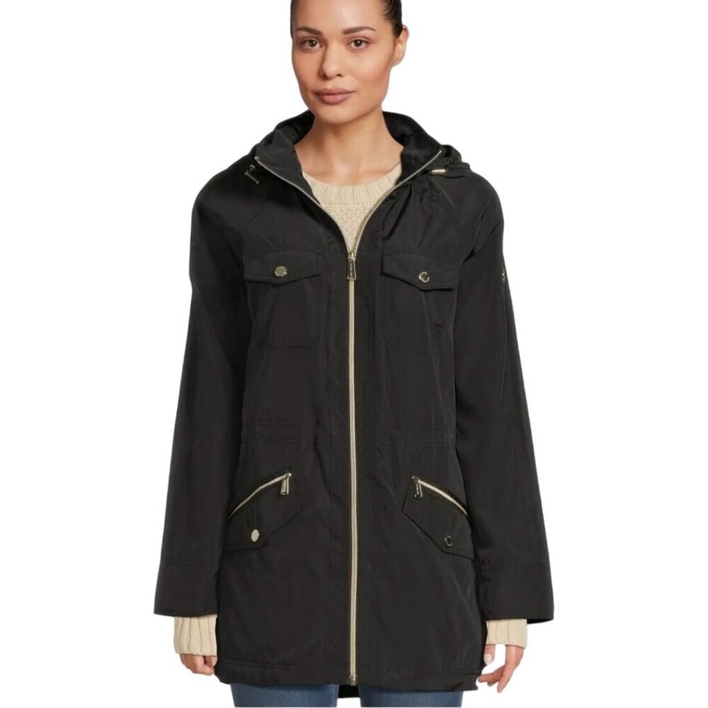 Michael Michael Kors Anorak Raincoat Black Gold Logo Hardware Full Zip Size M